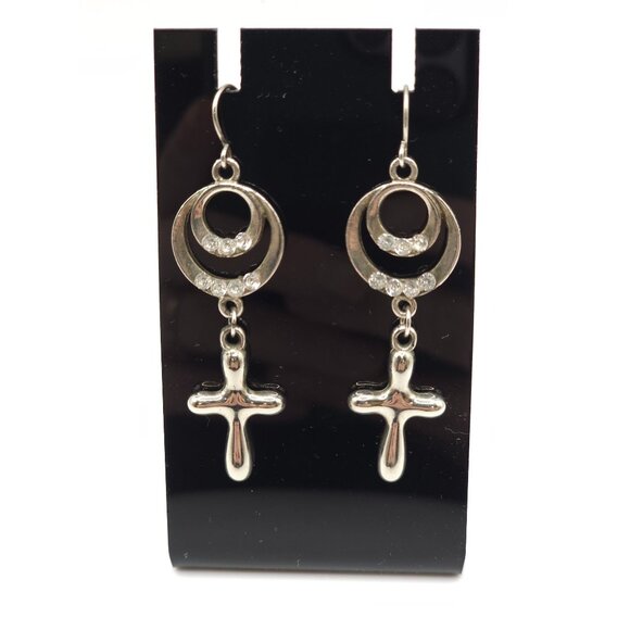 Unbranded Jewelry - Silver Cross Dangle Earrings With Rhinestone Accents & Circular Detailing